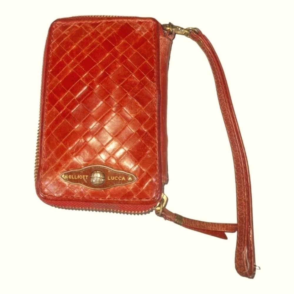 Elliott Lucca Red Leather Woven Zip Around Wristlet Wallet